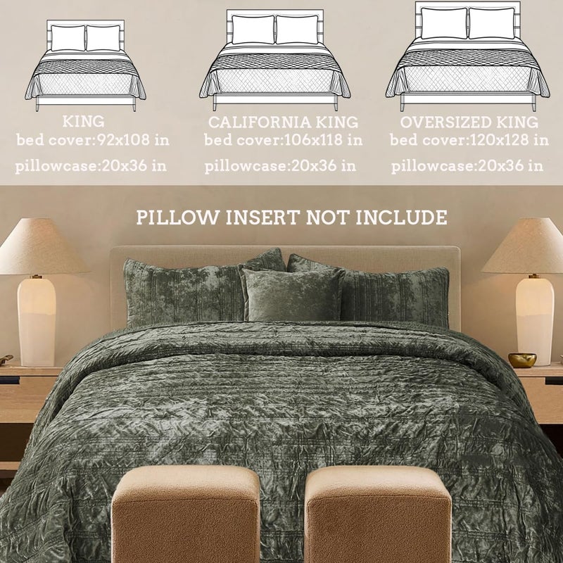 COCOPLOCEUS 3 Pieces Luxurious Velvet California King Quilts Set 106x118 Ruched Bedspread Coverlet Quilted Bedding Set with 2 Pillow Shams 20x36 Ultra Soft Comforter for All Season, Army Green - Image 4