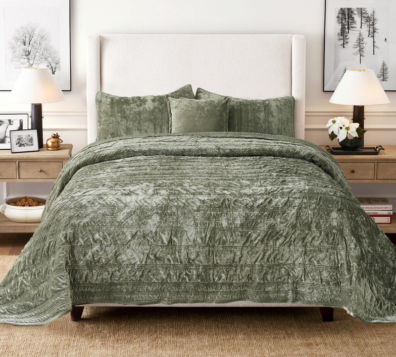 COCOPLOCEUS 3 Pieces Luxurious Velvet California King Quilts Set 106x118 Ruched Bedspread Coverlet Quilted Bedding Set with 2 Pillow Shams 20x36 Ultra Soft Comforter for All Season, Army Green - Image 5
