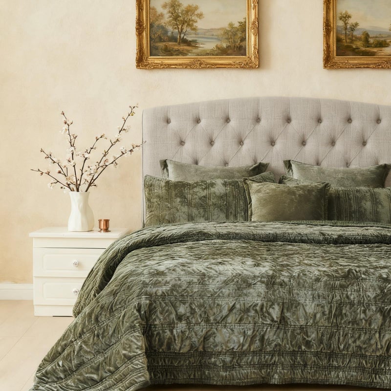 COCOPLOCEUS 3 Pieces Luxurious Velvet California King Quilts Set 106x118 Ruched Bedspread Coverlet Quilted Bedding Set with 2 Pillow Shams 20x36 Ultra Soft Comforter for All Season, Army Green - Image 1