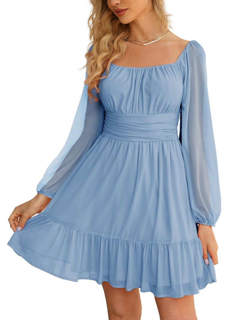 Wenrine Women's Mesh Long Sleeve Square Neck Dress High Waist A Line Ruffle Hem Flowy Casual Party Mini Dress Light Blue - Image 1