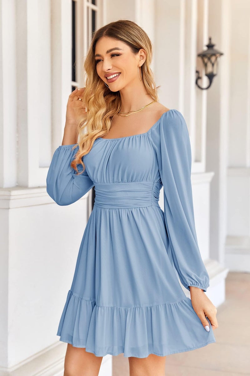 Wenrine Women's Mesh Long Sleeve Square Neck Dress High Waist A Line Ruffle Hem Flowy Casual Party Mini Dress Light Blue - Image 3