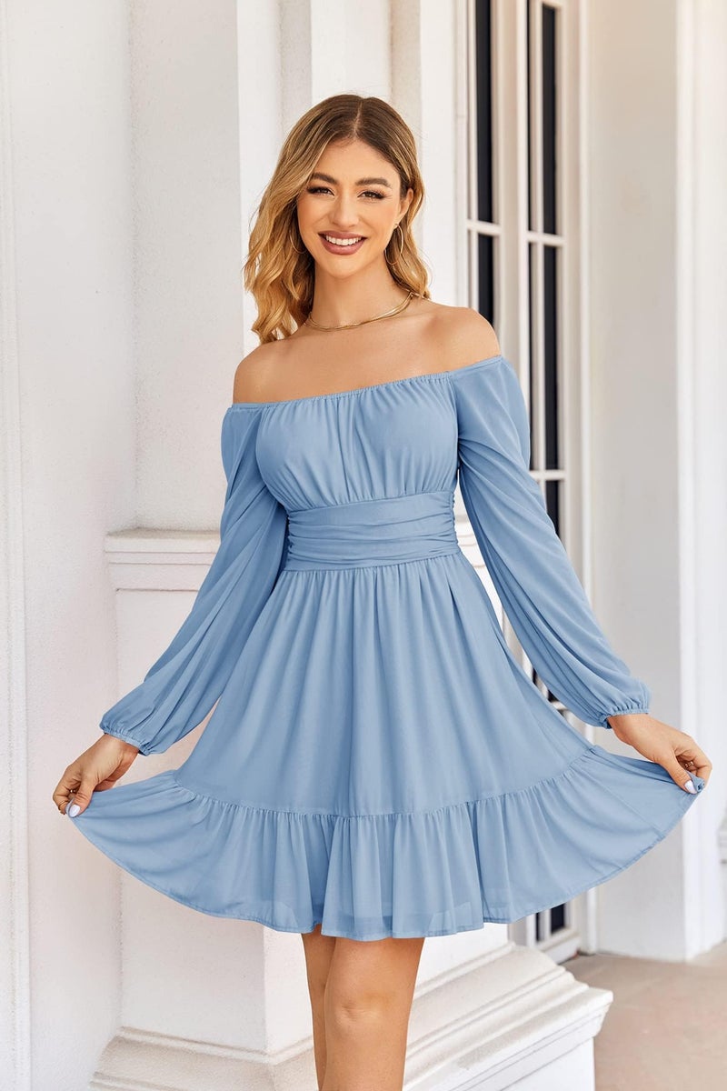 Wenrine Women's Mesh Long Sleeve Square Neck Dress High Waist A Line Ruffle Hem Flowy Casual Party Mini Dress Light Blue - Image 2