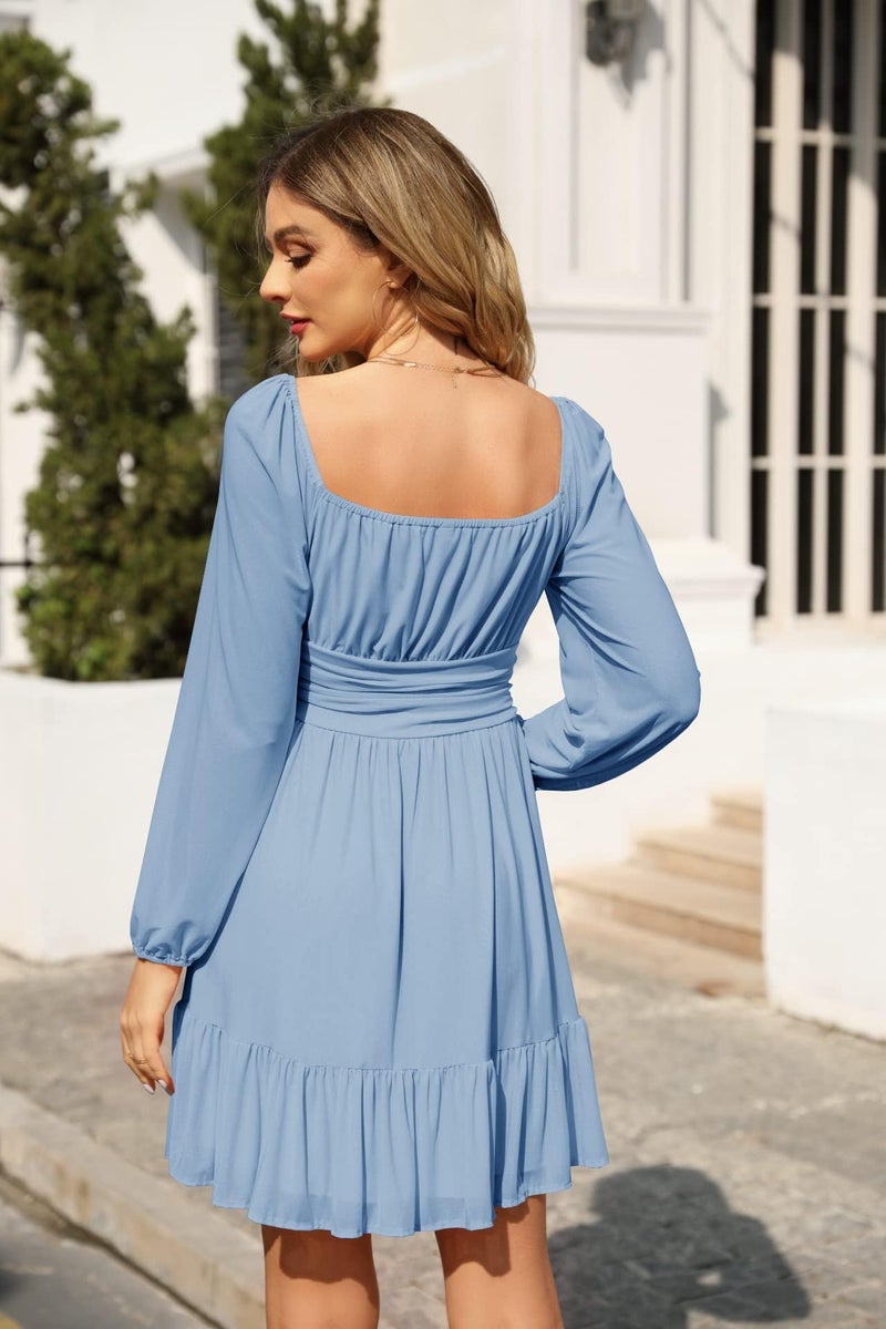 Wenrine Women's Mesh Long Sleeve Square Neck Dress High Waist A Line Ruffle Hem Flowy Casual Party Mini Dress Light Blue - Image 4