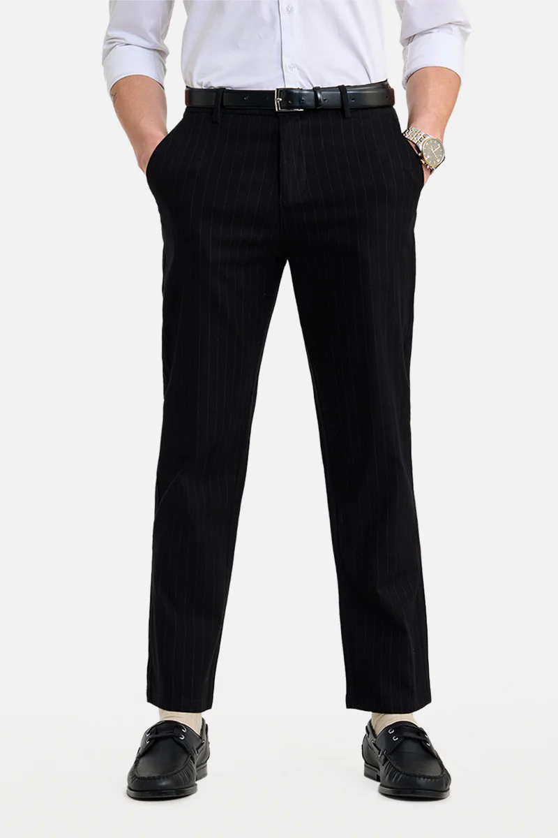 SNITCH Black Striped Relaxed Formal Trousers