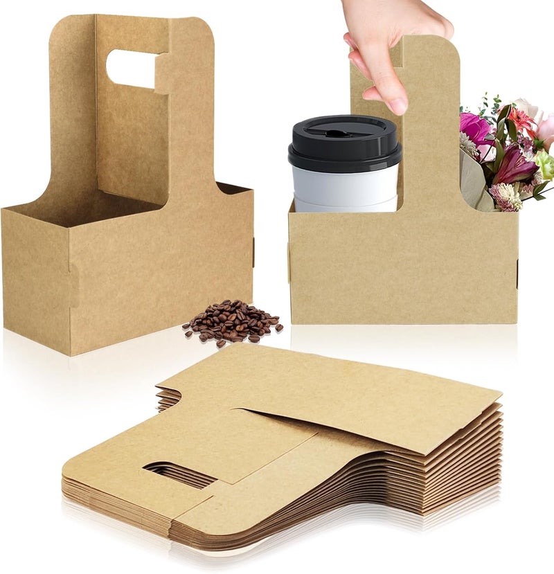 Xlong 2 Cup Disposable Drink Carrier for Delivery with Handle,15 Count Kraft Paperboard Cup Holder,Cup Carriers for Hot or Cold Drinks,Coffee Carrier, Food Delivery,Take Out Cup Carriers (Brown) - Image 1
