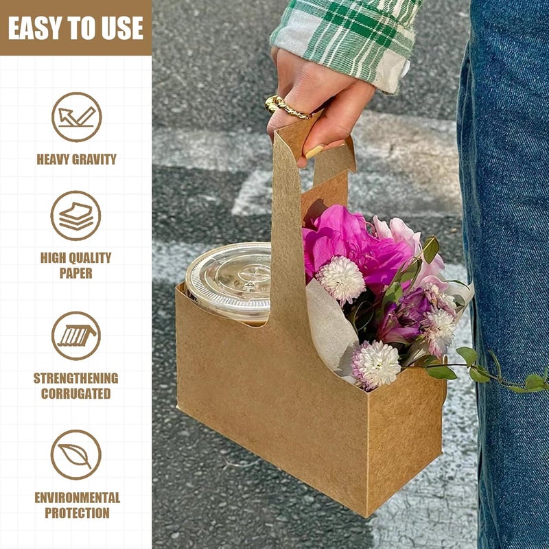 Xlong 2 Cup Disposable Drink Carrier for Delivery with Handle,15 Count Kraft Paperboard Cup Holder,Cup Carriers for Hot or Cold Drinks,Coffee Carrier, Food Delivery,Take Out Cup Carriers (Brown) - Image 5
