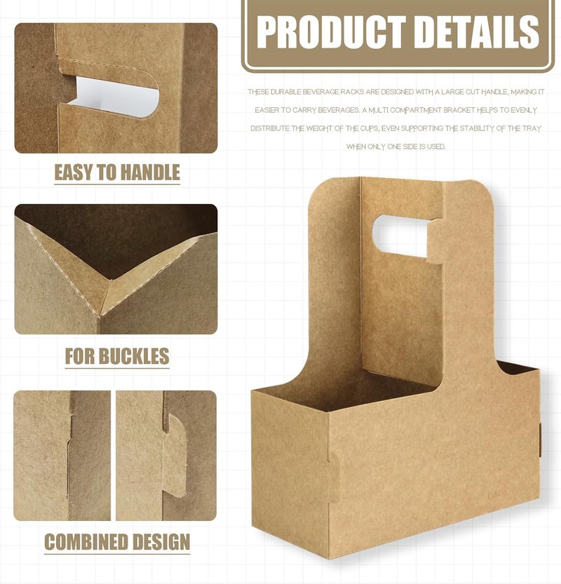 Xlong 2 Cup Disposable Drink Carrier for Delivery with Handle,15 Count Kraft Paperboard Cup Holder,Cup Carriers for Hot or Cold Drinks,Coffee Carrier, Food Delivery,Take Out Cup Carriers (Brown) - Image 3