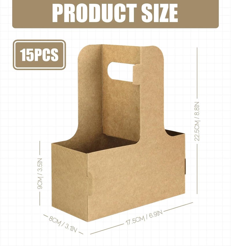 Xlong 2 Cup Disposable Drink Carrier for Delivery with Handle,15 Count Kraft Paperboard Cup Holder,Cup Carriers for Hot or Cold Drinks,Coffee Carrier, Food Delivery,Take Out Cup Carriers (Brown) - Image 2