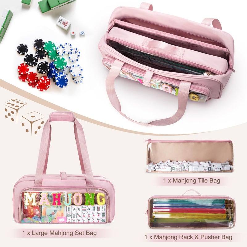 Yarwo 3 PCS Mahjong Bag Empty, Clear American Mahjong Tile Set Bag with Game Mat Buckle and Sewn Chenille Letter, Zippered Game Storage for Mahjong Tiles, Racks & Pushers, Pink (Case Only) - Image 2