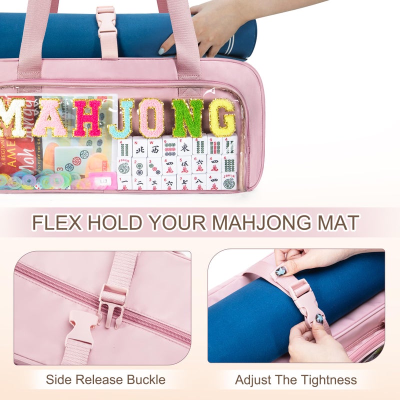 Yarwo 3 PCS Mahjong Bag Empty, Clear American Mahjong Tile Set Bag with Game Mat Buckle and Sewn Chenille Letter, Zippered Game Storage for Mahjong Tiles, Racks & Pushers, Pink (Case Only) - Image 3