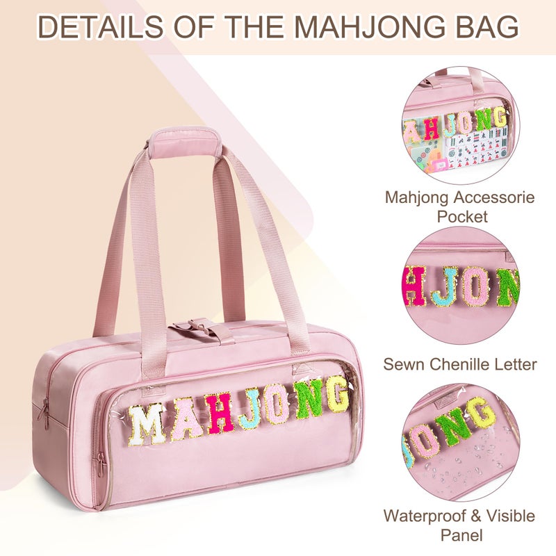 Yarwo 3 PCS Mahjong Bag Empty, Clear American Mahjong Tile Set Bag with Game Mat Buckle and Sewn Chenille Letter, Zippered Game Storage for Mahjong Tiles, Racks & Pushers, Pink (Case Only) - Image 4