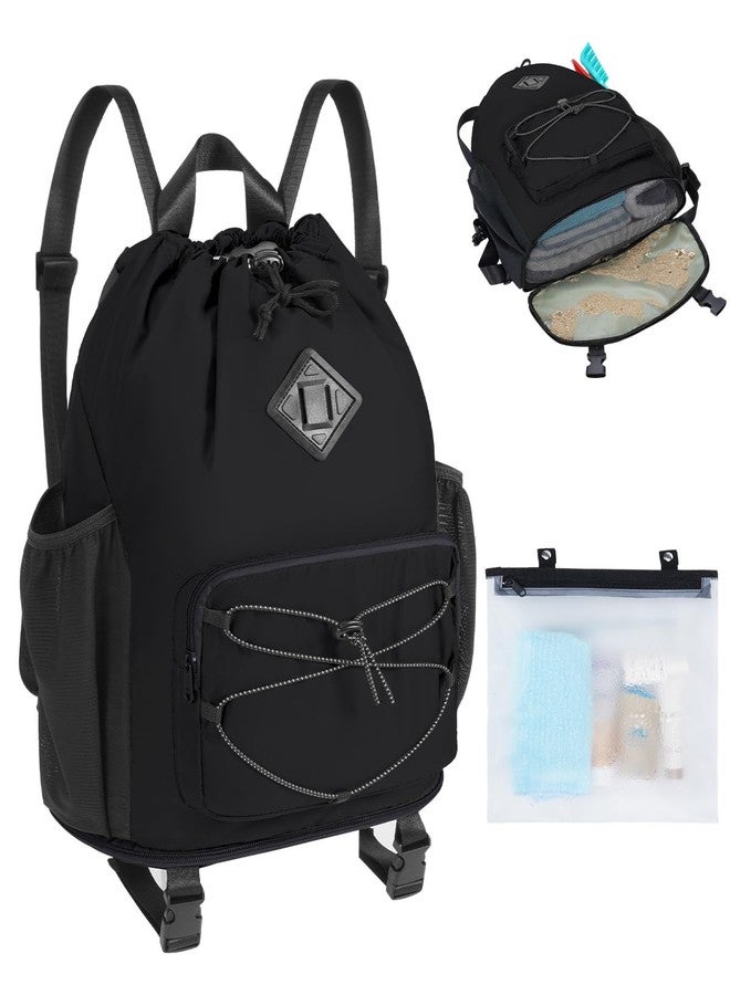 WANDF Drawstring Backpack with Removable Wet Pocket, Sandproof Beach Backpack with Bottom Compression Strap for Beach Mat, Swim Bag for Pool, Gym, Travel and Workout Gear (Black) - Image 1