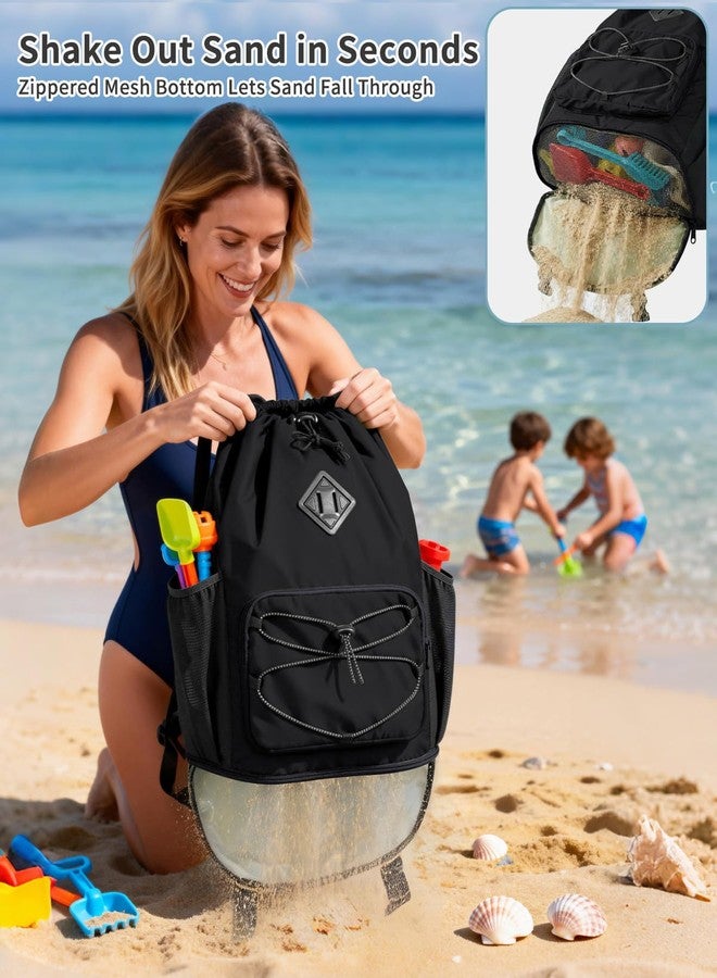 WANDF Drawstring Backpack with Removable Wet Pocket, Sandproof Beach Backpack with Bottom Compression Strap for Beach Mat, Swim Bag for Pool, Gym, Travel and Workout Gear (Black) - Image 3