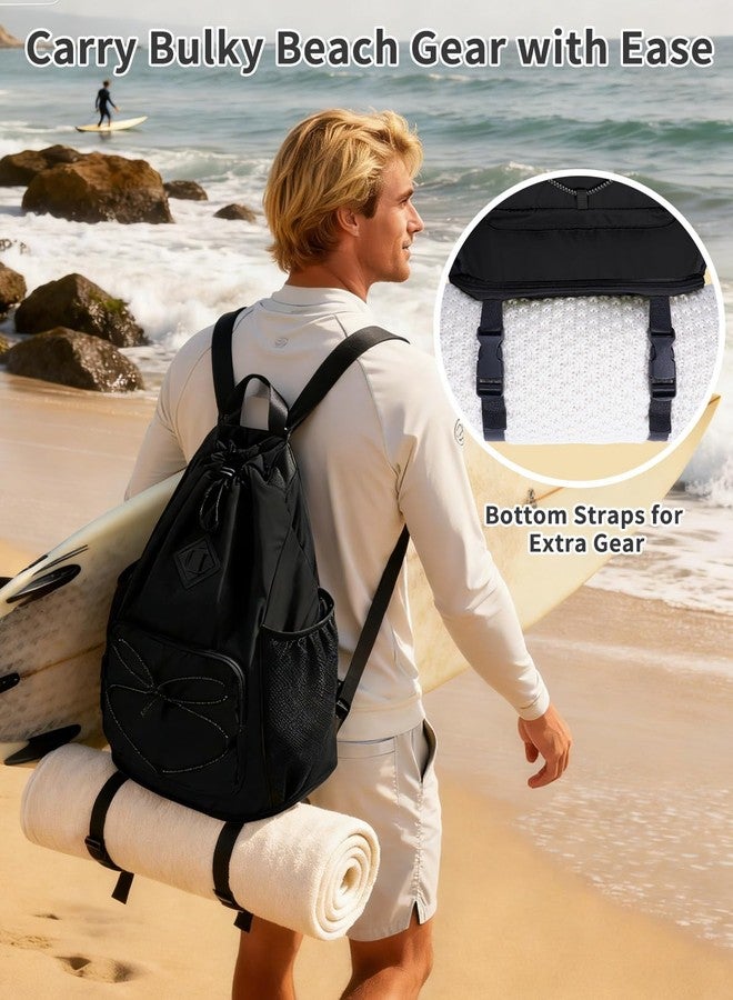 WANDF Drawstring Backpack with Removable Wet Pocket, Sandproof Beach Backpack with Bottom Compression Strap for Beach Mat, Swim Bag for Pool, Gym, Travel and Workout Gear (Black) - Image 4