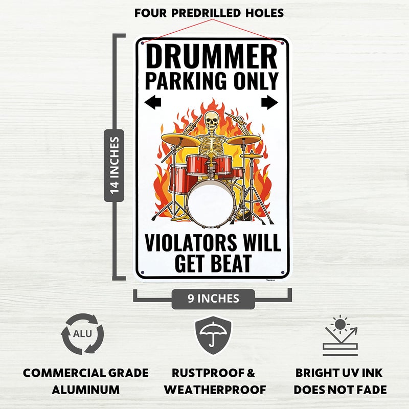 Venicor Drummer Sign - 9 x 14 Inches - Aluminum - Drummer Gifts for Men - Drum Decor Accessories Decorations Stuff - Image 1