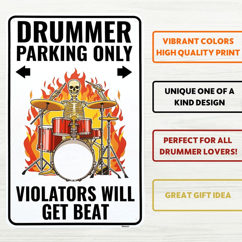 Venicor Drummer Sign - 9 x 14 Inches - Aluminum - Drummer Gifts for Men - Drum Decor Accessories Decorations Stuff - Image 2