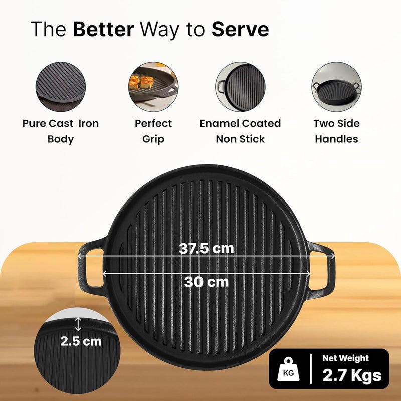 UMAI Cast Iron Grill Pan 30 cm with Two Side Handles Silicone Sleeve Gas and Induction Compatible Kitchen TikkaKebabSkewerBarbequeSandwich Maker Tandoor Grill Pan - Image 4