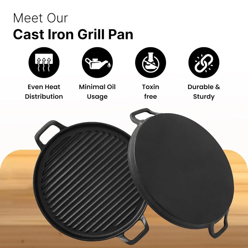 UMAI Cast Iron Grill Pan 30 cm with Two Side Handles Silicone Sleeve Gas and Induction Compatible Kitchen TikkaKebabSkewerBarbequeSandwich Maker Tandoor Grill Pan - Image 3