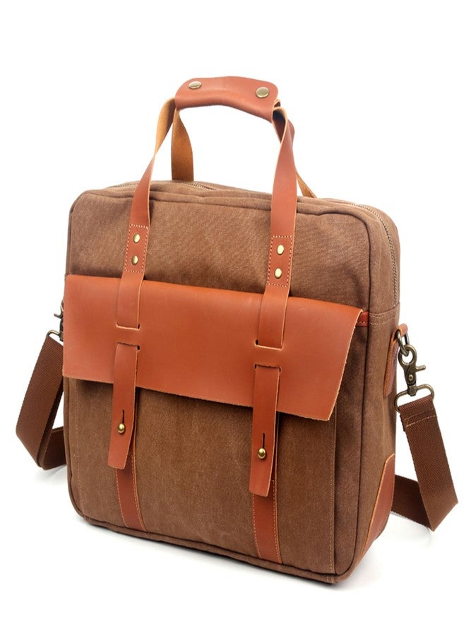 YEY 15.6 Inch Laptop Messenger Bag - Waterproof Vintage Genuine Leather Waxed Canvas Briefcase, Large Computer Bag Rugged Satchel Shoulder Bag for Men, Brown - Image 1
