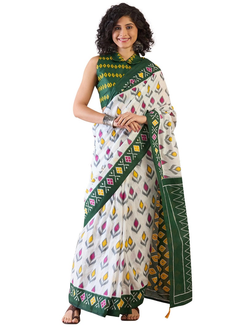 SAREE MALL Women's White Cotton Ikat Printed Ready To Wear one Minute Saree With Unstitched Blouse Piece(RTWMINAXI7302_SMC) - Image 1