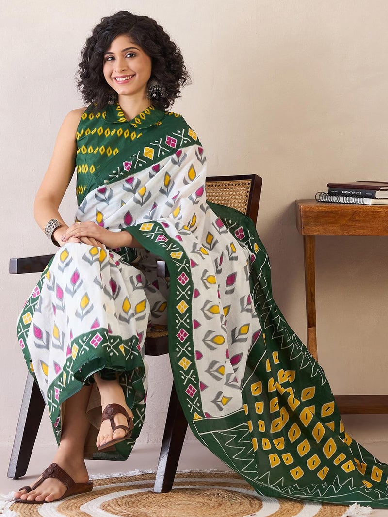 SAREE MALL Women's White Cotton Ikat Printed Ready To Wear one Minute Saree With Unstitched Blouse Piece(RTWMINAXI7302_SMC) - Image 5