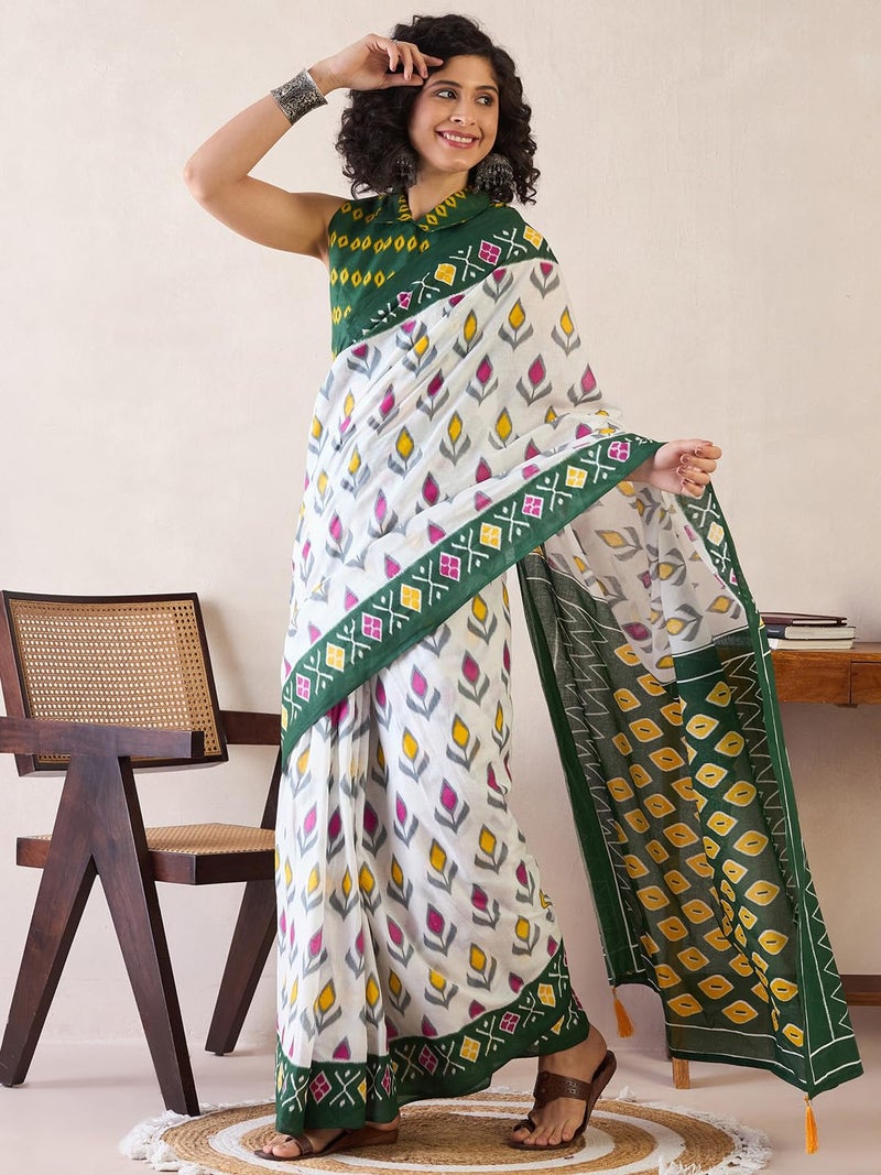 SAREE MALL Women's White Cotton Ikat Printed Ready To Wear one Minute Saree With Unstitched Blouse Piece(RTWMINAXI7302_SMC) - Image 4