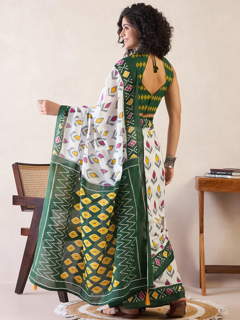 SAREE MALL Women's White Cotton Ikat Printed Ready To Wear one Minute Saree With Unstitched Blouse Piece(RTWMINAXI7302_SMC) - Image 3