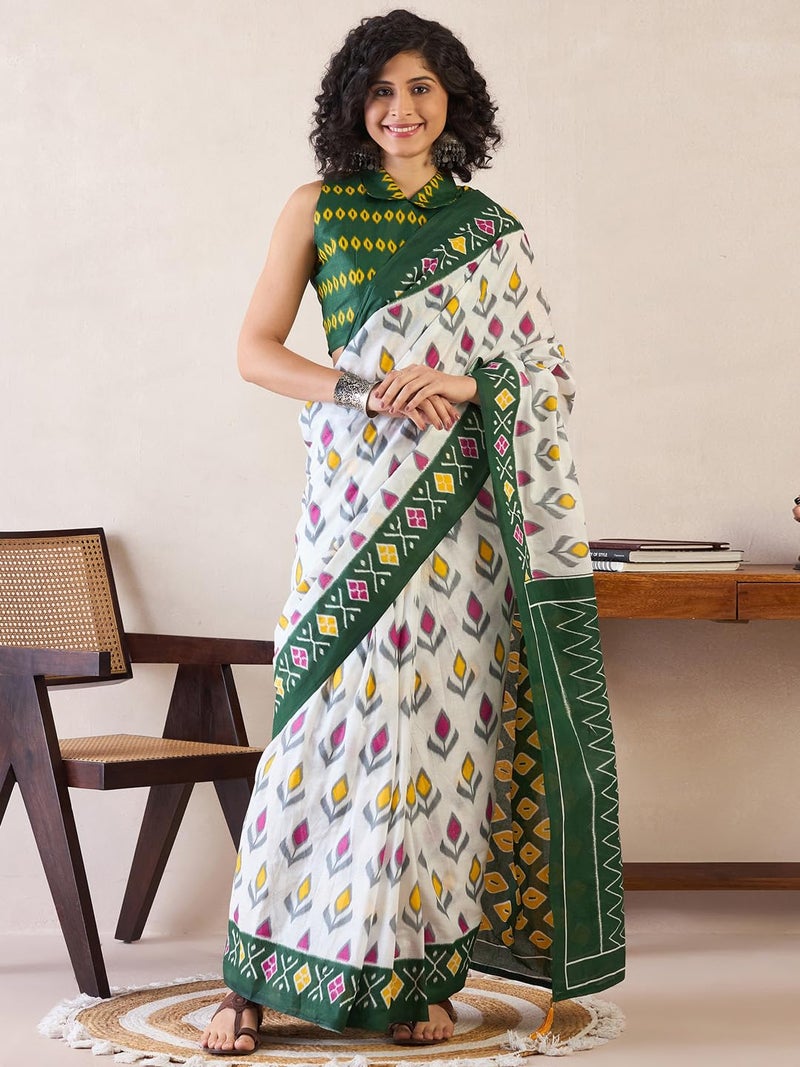 SAREE MALL Women's White Cotton Ikat Printed Ready To Wear one Minute Saree With Unstitched Blouse Piece(RTWMINAXI7302_SMC) - Image 2