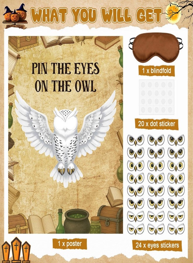Faccito Magical Wizard Party Games Pin the Eyes on the Owl Game Wizard Owl Poster Games Set with 24 Stickers 1 Blindfold for Magical Birthday Party Activities Decor Supplies - Image 3