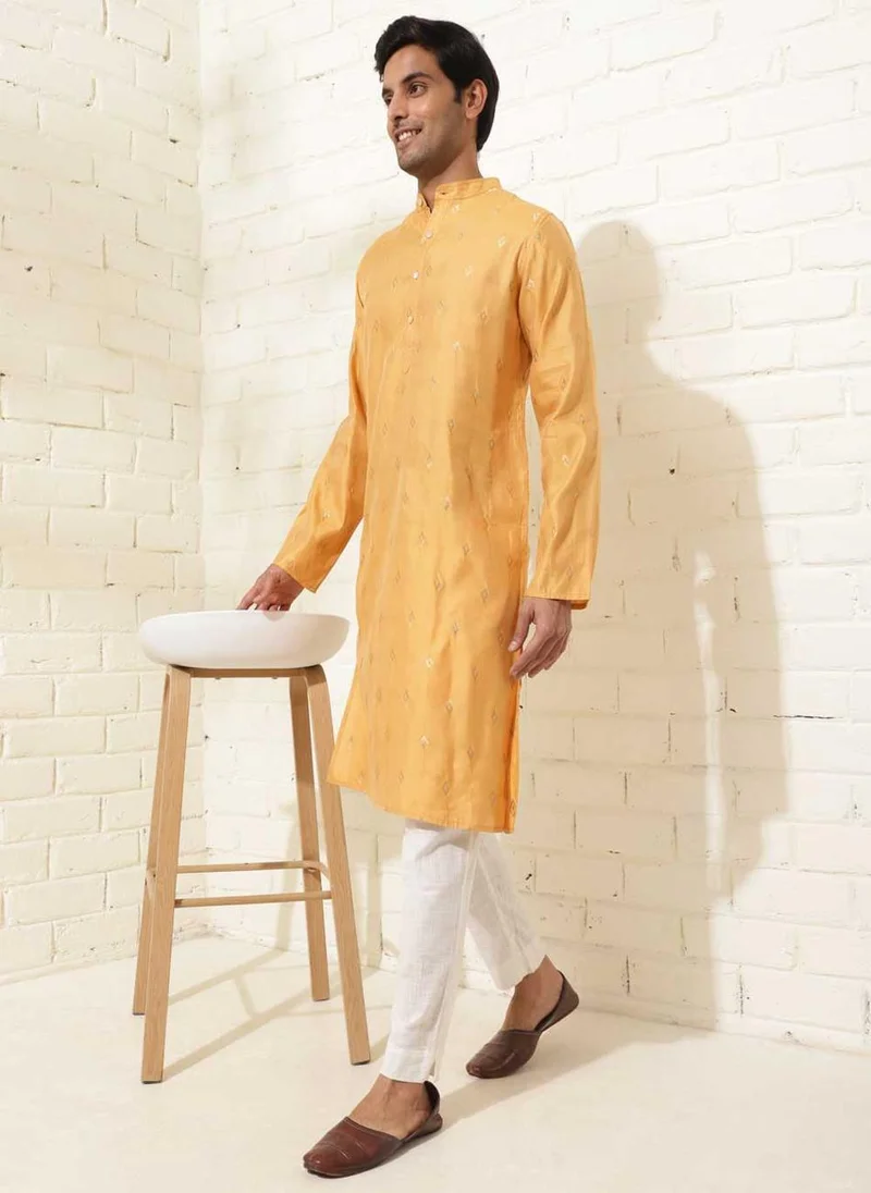 Fabindia Mustard Viscose Blend Woven Slim Fit Long Kurta