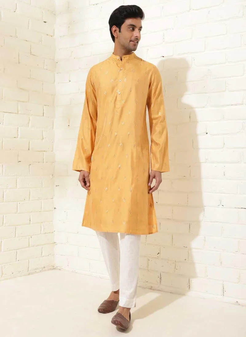 Fabindia Mustard Viscose Blend Woven Slim Fit Long Kurta