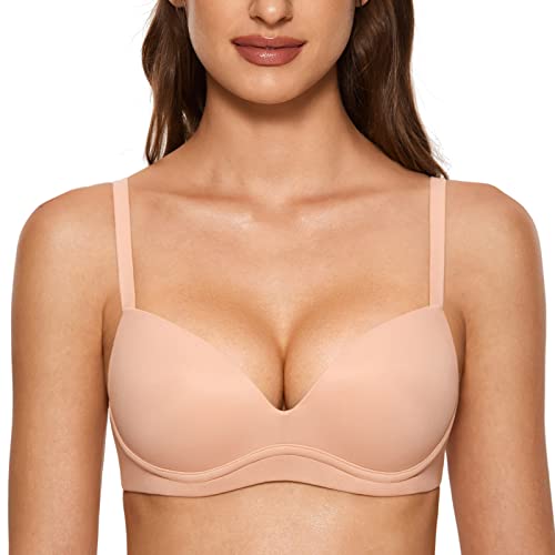 DOBREVA Women's Push Up Bra No Underwire Comfortable Wireless Bras Padded Plunge Blush Beige 36C - Image 1