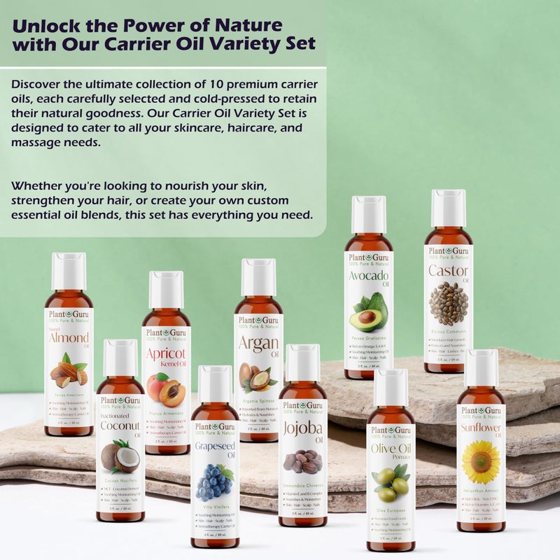 Plant Guru Top 10 Carrier Oil Variety Set 2 oz - Cold Pressed 100% Pure Natural, Sweet Almond, Apricot Kernel, Argan, Avocado, Castor, Fractionated Coconut, Grapeseed, Jojoba, Olive and Sunflower. - Image 2