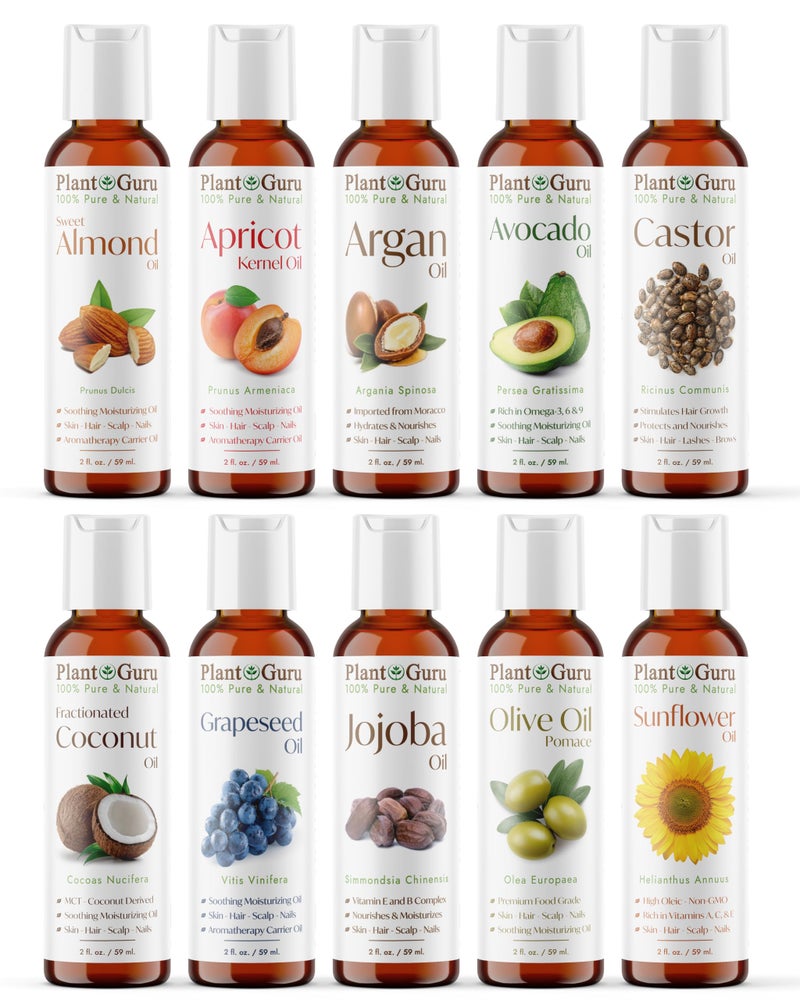 Plant Guru Top 10 Carrier Oil Variety Set 2 oz - Cold Pressed 100% Pure Natural, Sweet Almond, Apricot Kernel, Argan, Avocado, Castor, Fractionated Coconut, Grapeseed, Jojoba, Olive and Sunflower. - Image 1