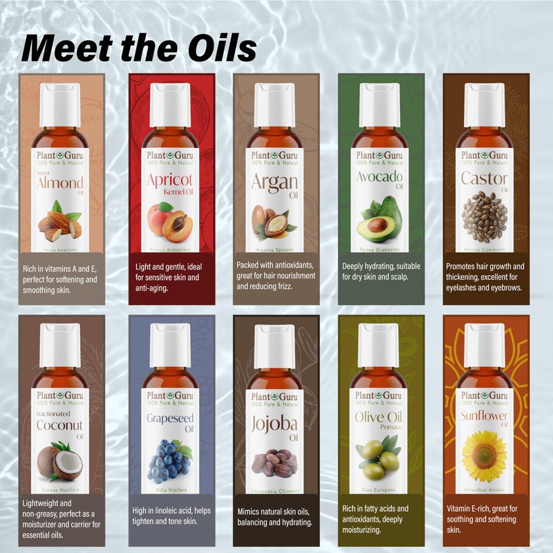 Plant Guru Top 10 Carrier Oil Variety Set 2 oz - Cold Pressed 100% Pure Natural, Sweet Almond, Apricot Kernel, Argan, Avocado, Castor, Fractionated Coconut, Grapeseed, Jojoba, Olive and Sunflower. - Image 3