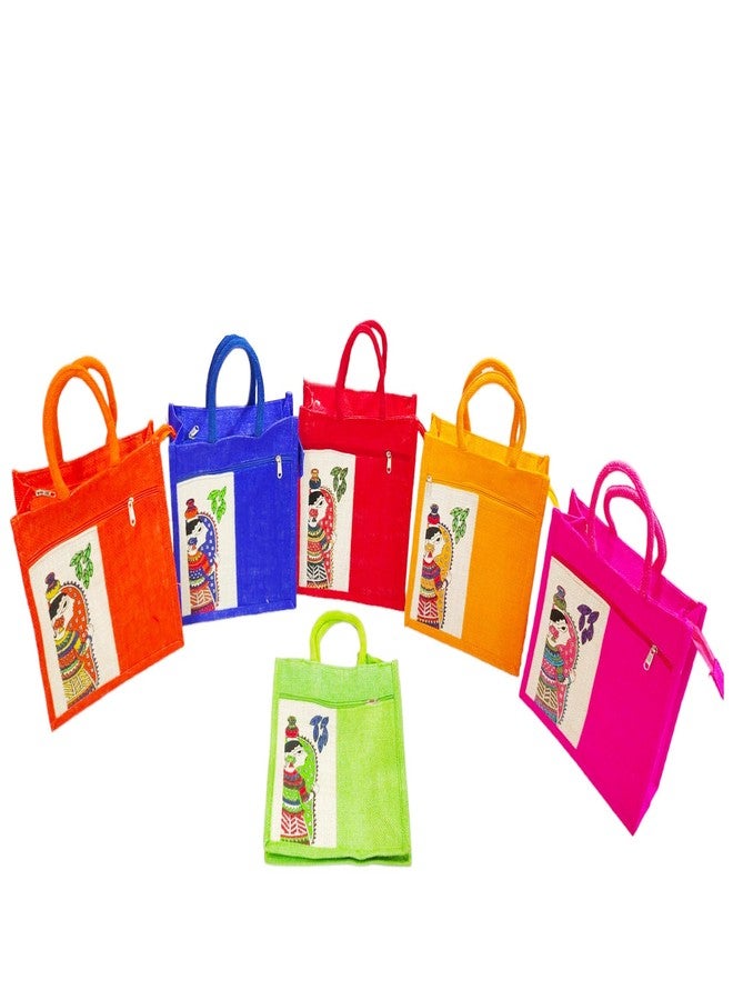 Anumala®Jute Bags with MadhuBaani Print for Daily use| Tote Bag with Two Pockets ǀ Lunch Bag ǀ Multipurpose Bag ǀ Reusable | Grocery |Return Gift | Multicolor (11x11x5) inches (Multi_Pack_Of_6pcs) - Image 1