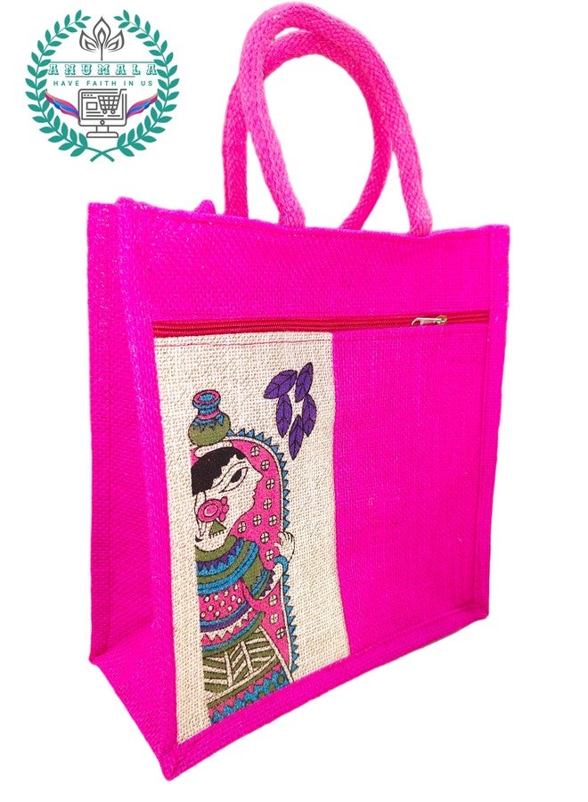 Anumala®Jute Bags with MadhuBaani Print for Daily use| Tote Bag with Two Pockets ǀ Lunch Bag ǀ Multipurpose Bag ǀ Reusable | Grocery |Return Gift | Multicolor (11x11x5) inches (Multi_Pack_Of_6pcs) - Image 2