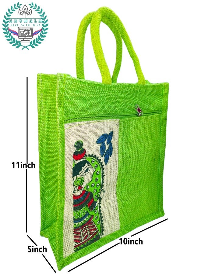 Anumala®Jute Bags with MadhuBaani Print for Daily use| Tote Bag with Two Pockets ǀ Lunch Bag ǀ Multipurpose Bag ǀ Reusable | Grocery |Return Gift | Multicolor (11x11x5) inches (Multi_Pack_Of_6pcs) - Image 3