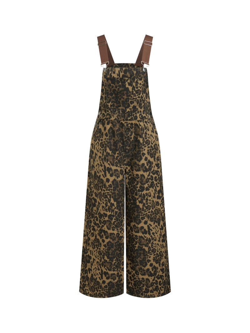 CIDER Overalls for Women Denim Leopard Pocket Buckle Up Wide Leg Jumpsuit: Tan, S - Image 1