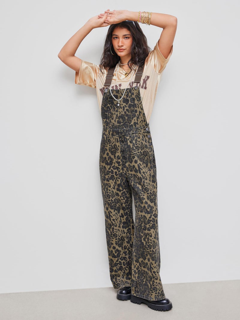 CIDER Overalls for Women Denim Leopard Pocket Buckle Up Wide Leg Jumpsuit: Tan, S - Image 2