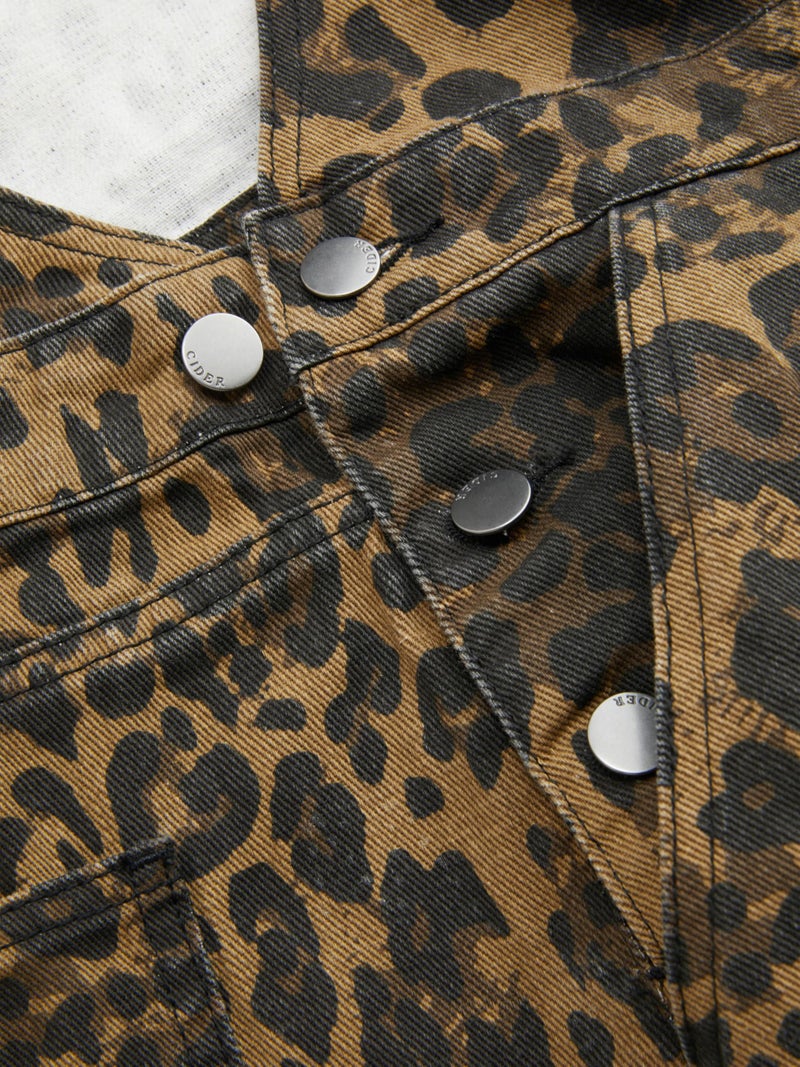 CIDER Overalls for Women Denim Leopard Pocket Buckle Up Wide Leg Jumpsuit: Tan, S - Image 5