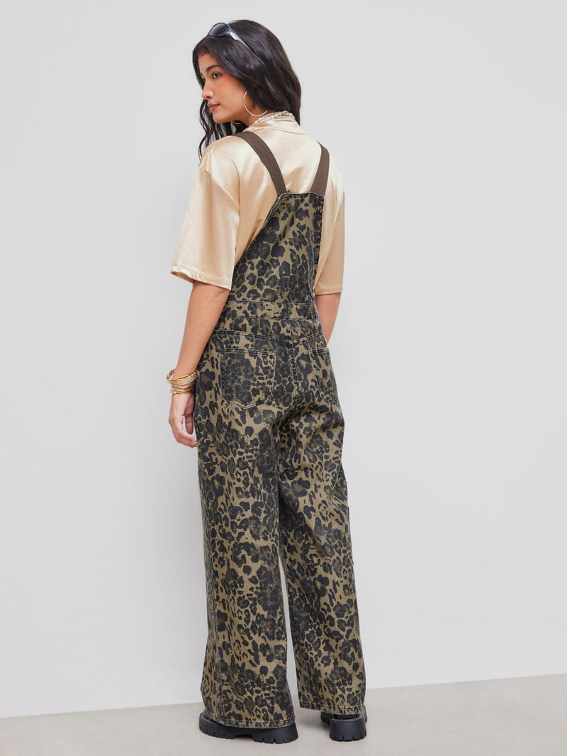 CIDER Overalls for Women Denim Leopard Pocket Buckle Up Wide Leg Jumpsuit: Tan, S - Image 4