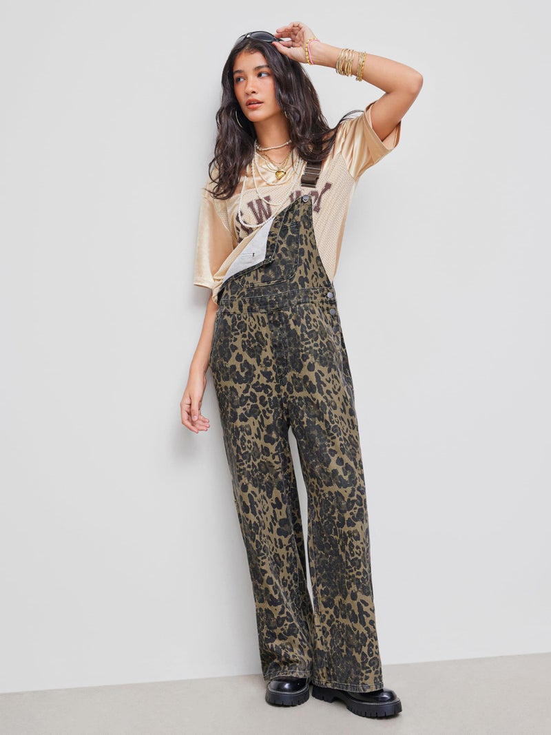 CIDER Overalls for Women Denim Leopard Pocket Buckle Up Wide Leg Jumpsuit: Tan, S - Image 3