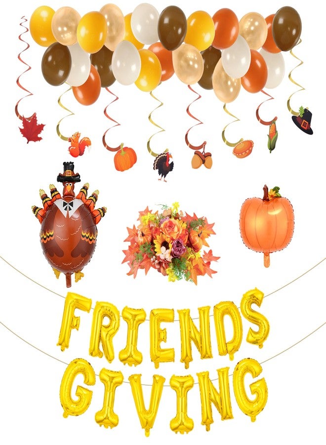 مجموعة زينة عيد الشكر من Party to Be، مكونة من 38 قطعة: لافتة بالونات Friendsgiving، بالونات حلزونية معلقة، طقم بالونات على شكل يقطينة وديك رومي، زينة طاولة عشاء من الزهور الاصطناعية لفصل الخريف - Image 1
