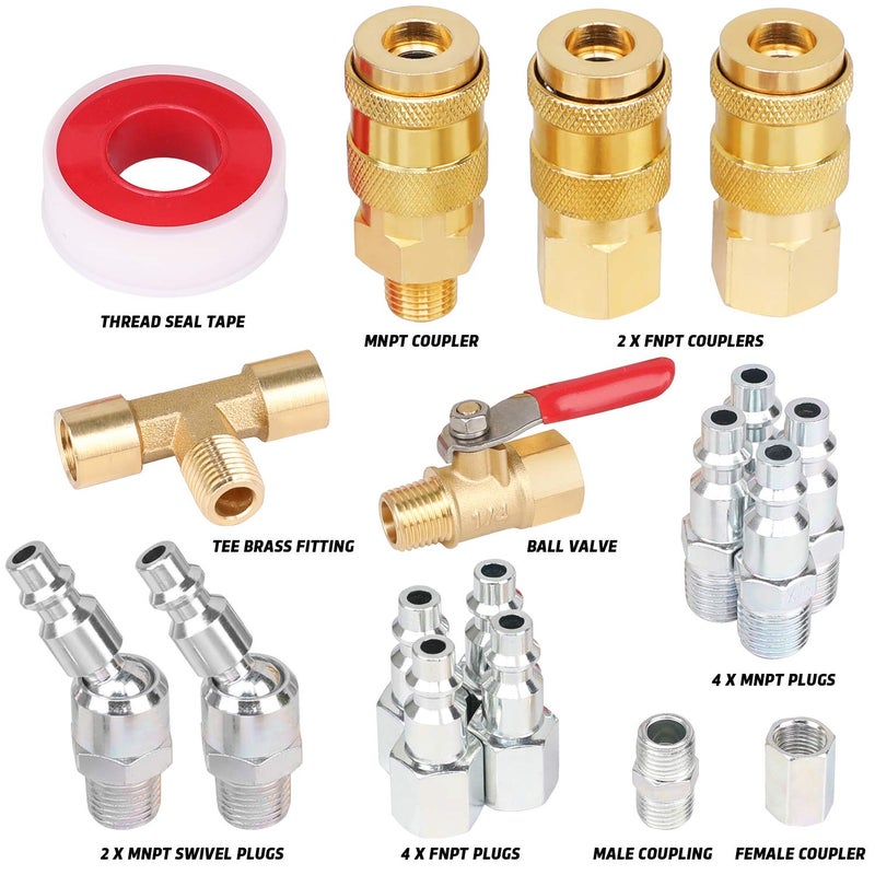 Hromee 18 Pieces Air Coupler and Plug Kit, 1/4-Inch NPT Air Hose Fittings and Compressor Accessories with Universal Quick Coupler, Brass Ball Valve, Swivel Air Plug and Tee Pipe Fitting - Image 2