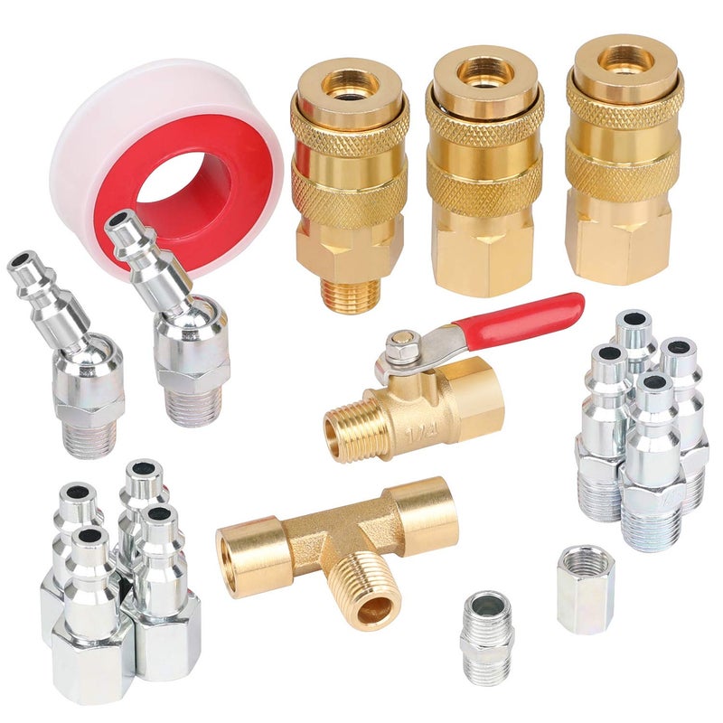 Hromee 18 Pieces Air Coupler and Plug Kit, 1/4-Inch NPT Air Hose Fittings and Compressor Accessories with Universal Quick Coupler, Brass Ball Valve, Swivel Air Plug and Tee Pipe Fitting - Image 1