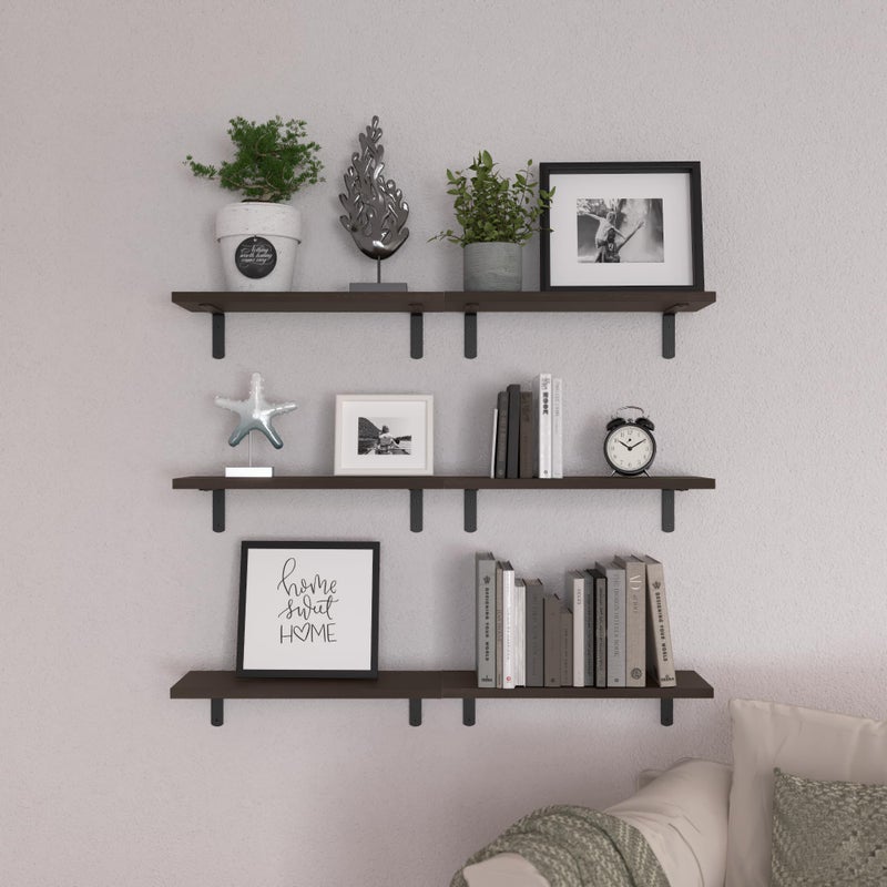 WOPITUES Wood Floating Shelves Set of 6, Shelves for Wall Decor, Farmhouse Shelf for Bedroom, Bathroom Storage Shelves, Book Shelves for Living Room, Dark Brown - Image 5