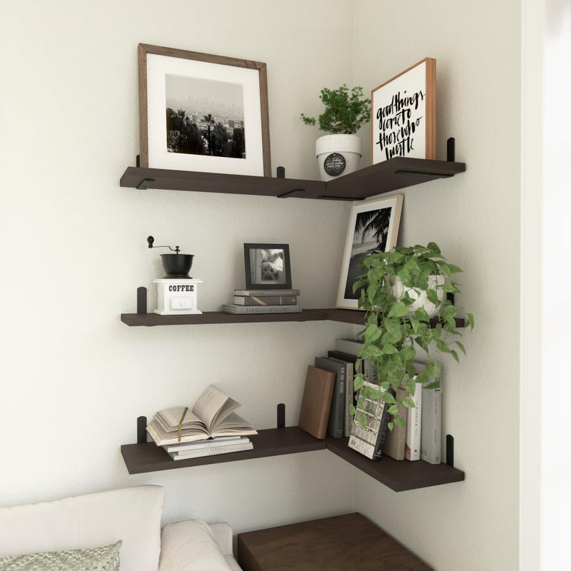 WOPITUES Wood Floating Shelves Set of 6, Shelves for Wall Decor, Farmhouse Shelf for Bedroom, Bathroom Storage Shelves, Book Shelves for Living Room, Dark Brown - Image 4