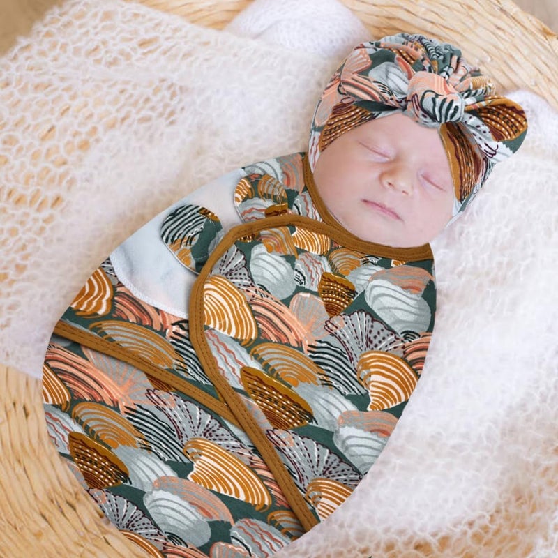 Cinaci 2 Pack Soft Cotton Baby Receiving Swaddle Blankets Wraps Sleep Sacks with Matching Bow Newborn Nursery Bow Hats Caps Beanies Bonnets for Baby Girls Boys Newborns Infants (Multicolor S10) - Image 3
