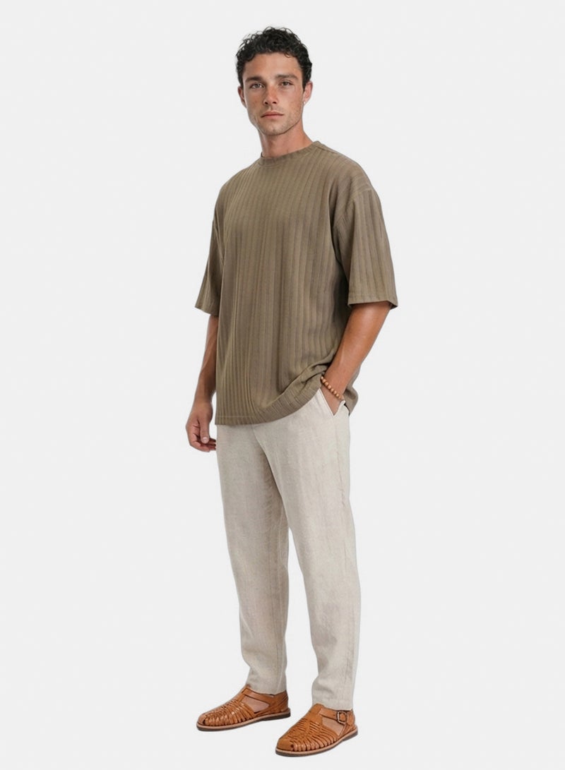 RAVIN Men Elbow Sleeves Striped Casual Tee Dark Khaki - Image 3